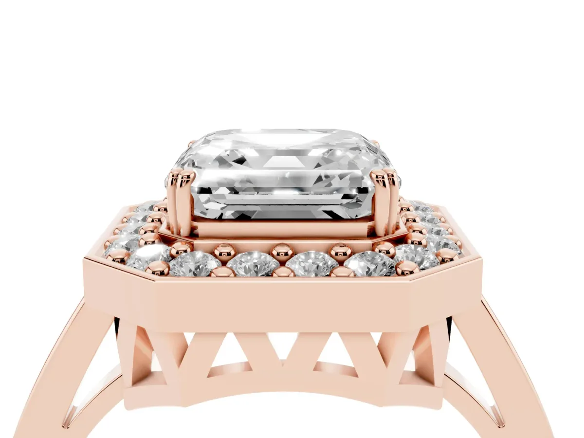 Asscher Cut Diamond Halo Ring with Split Shank and Four-Prong Setting Rose gold