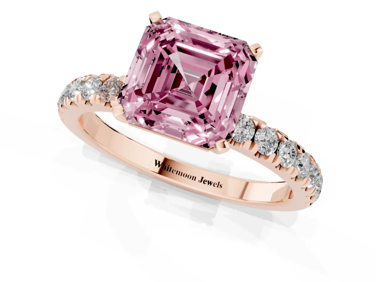 Fancy Pink Asscher Cut Diamond Solitaire Ring with Pavé Accents and Four-Prong Setting Rose gold