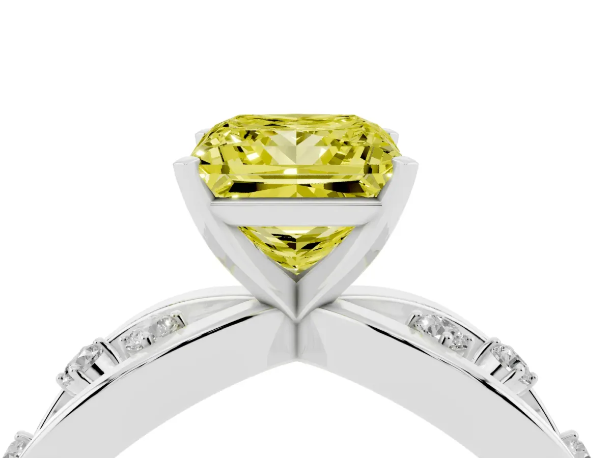 Fancy Yellow Princess Cut Cut Solitaire Diamond with Side Stones on Criss-Cross Band and Four-Prong Setting Silver