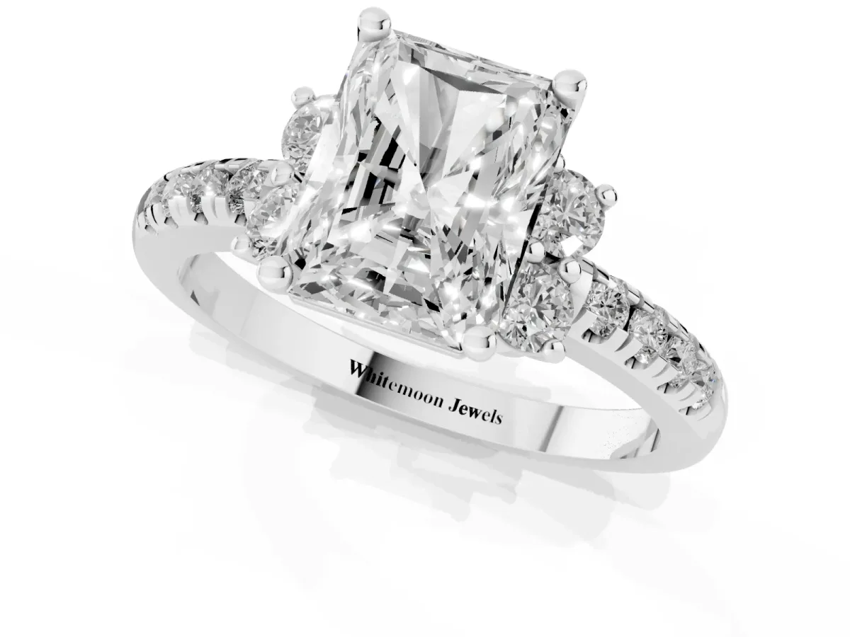 Radiant Cut Diamond Three-Stone Pave Band with Four-Prong Setting Silver
