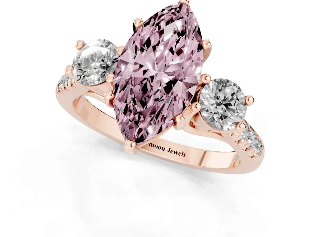 Fancy Pink Three-Stone Marquise Cut Diamond Pavé Band with Four-Prong Setting Rose gold