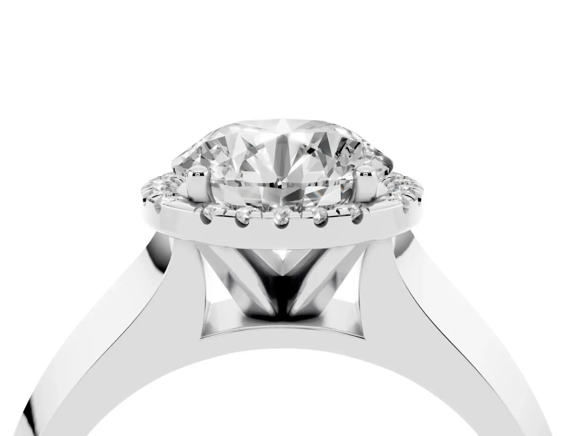 Round Cut Halo Diamond Ring with Cathedral Band and Four-Prong Setting White gold