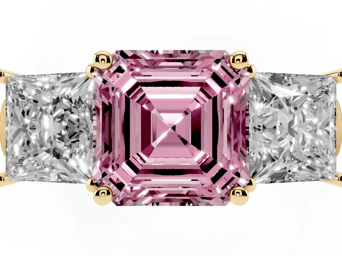 Fancy Pink Three-Stone Asscher Cut Brilliant Diamond Trellis Ring with Comfort Fit Band Yellow gold