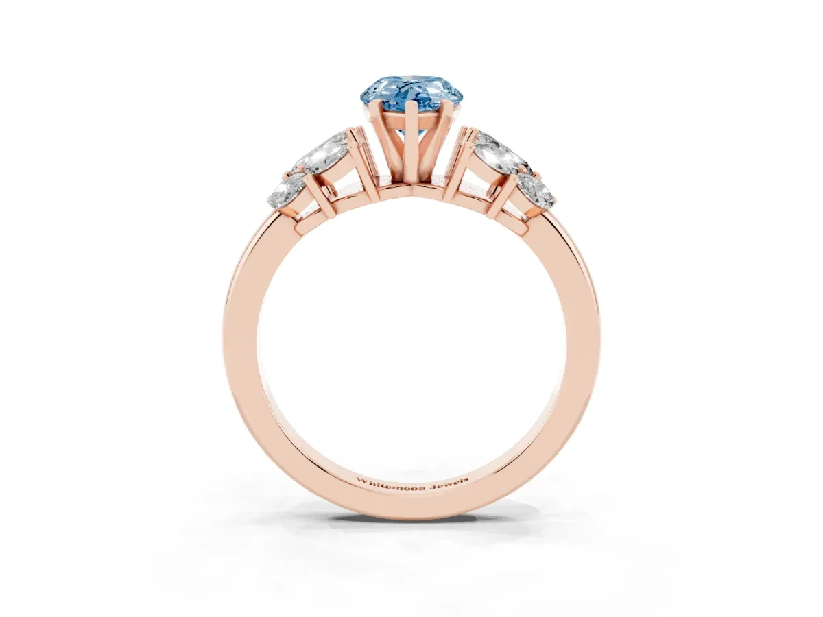 Fancy Blue Pear Cut Diamond Cluster Leaf Design Ring with Prong Setting Rose gold