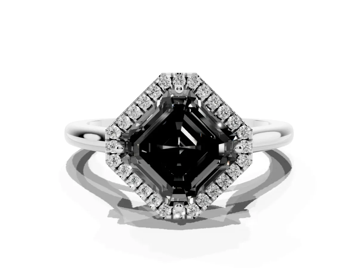 Fancy Black Asscher Cut Halo Round Diamond Solitaire Engagement Ring with Pave Band and Four-Prong Setting Platinum