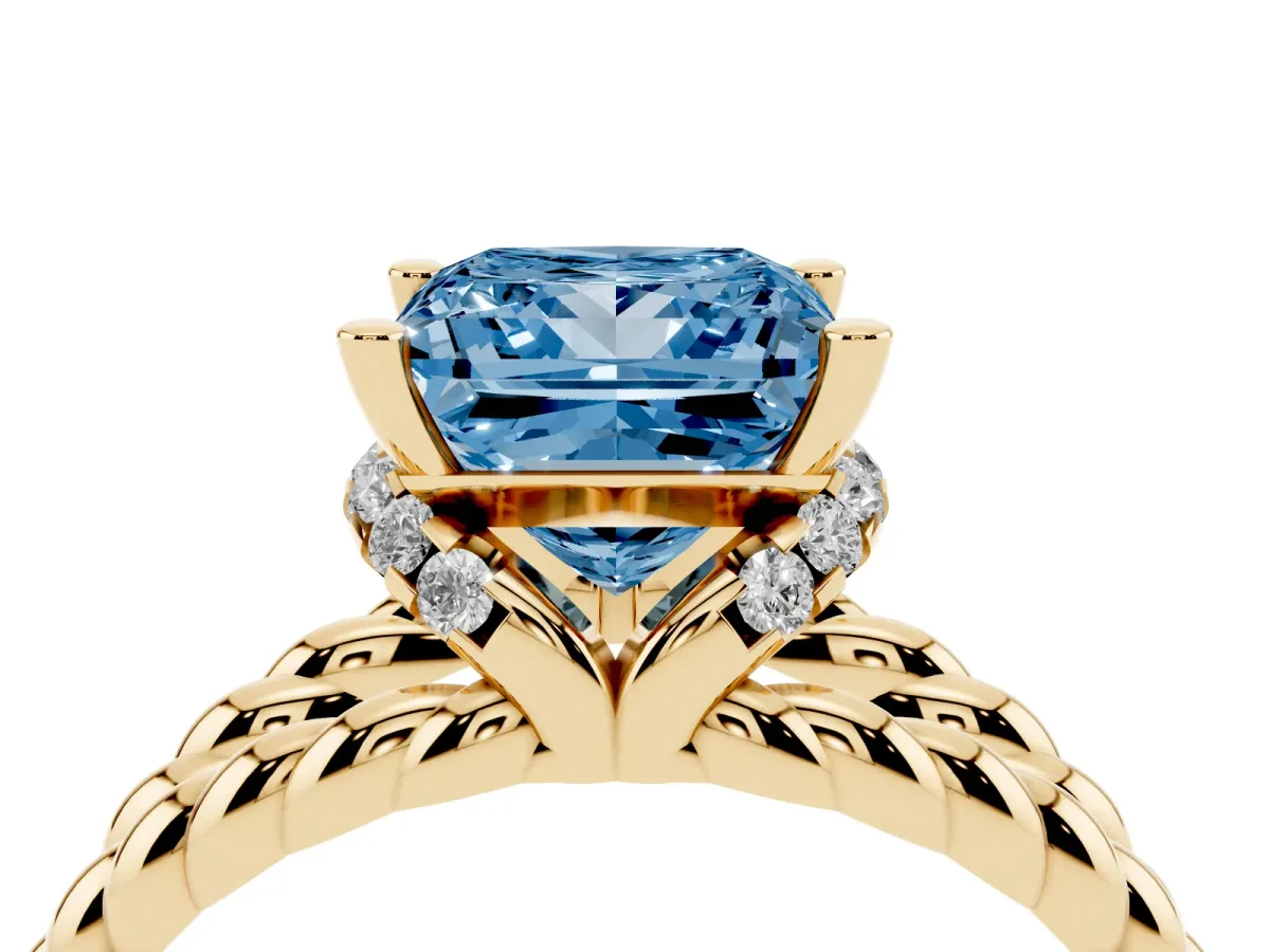 Fancy Blue Princess Cut Halo Twisted Band Four-Prong Ring Yellow gold