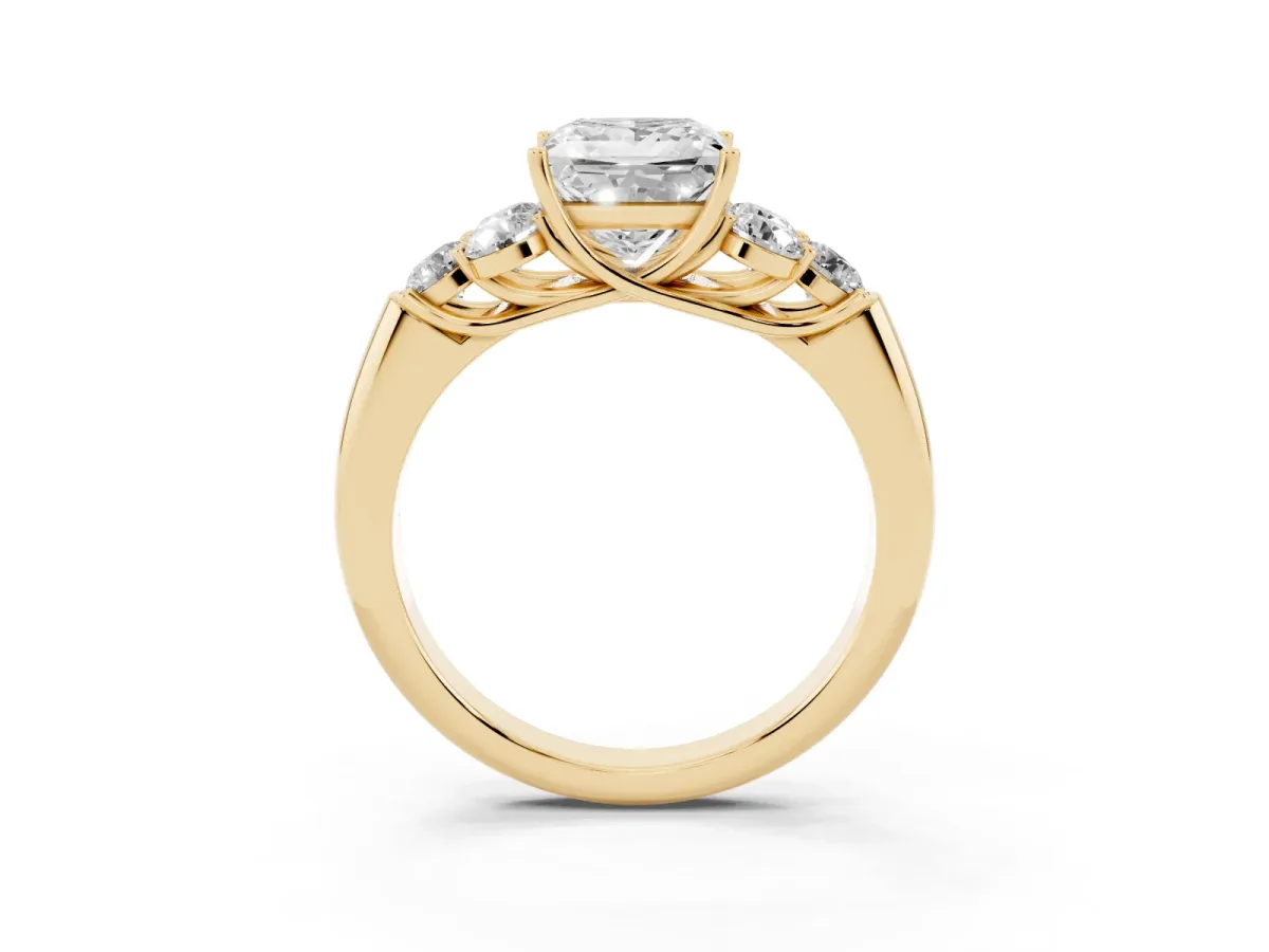 Princess Cut Cut Diamond Cluster Ring with Round Accent Stones and Prong Setting on a Classic Band Yellow gold