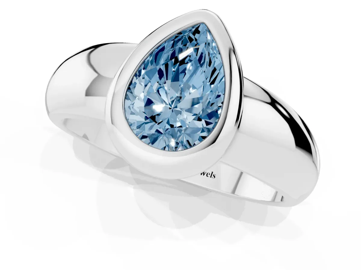 Fancy Blue Bezel Set Pear Cut Solitaire Ring with Wide Band Silver