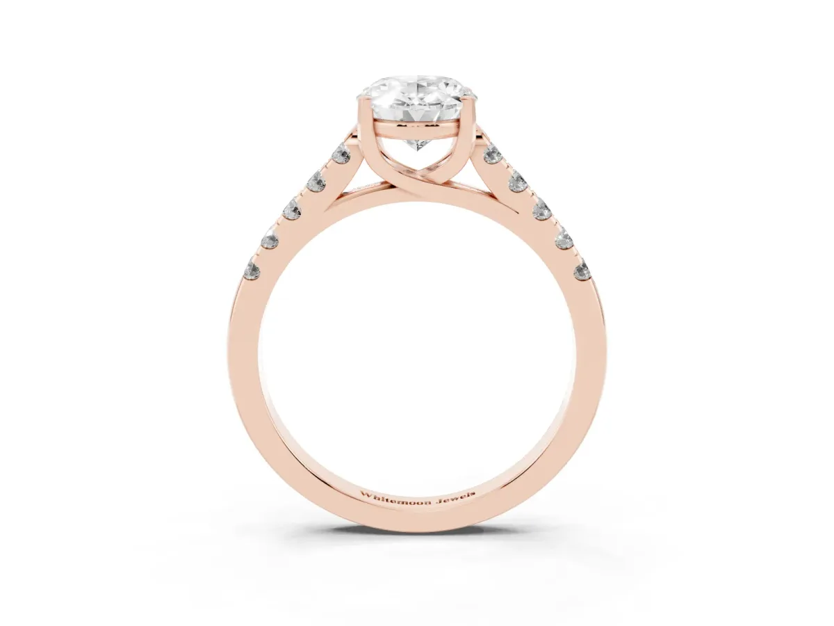 Oval Cut Diamond Pavé Band Solitaire Ring with Prong Setting Rose gold