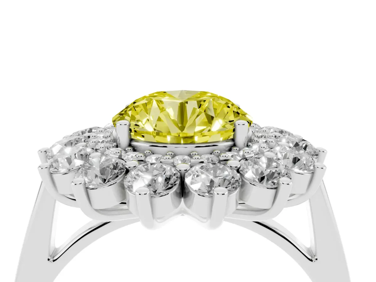 Fancy Yellow Round Cut Diamond Floral Double Halo Engagement Ring with Prong Setting Silver