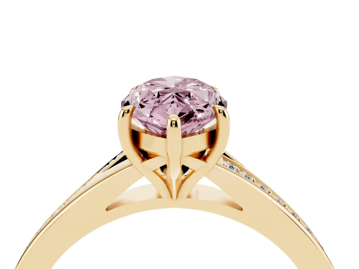 Fancy Pink Marquise Cut Diamond Solitaire Ring with Pavé Band and Prong Setting Yellow gold