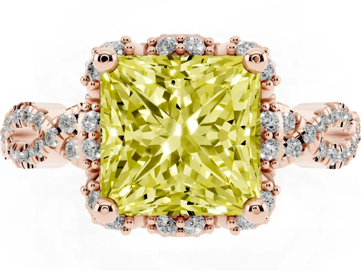 Fancy Yellow Princess Cut Halo Twist Band Solitaire Ring with Six-Prong Setting Rose gold