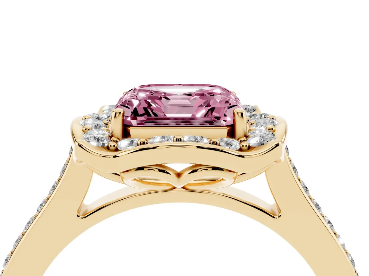 Fancy Pink Asscher Cut Halo Round Diamond Pave Band with Four-Prong Setting Yellow gold