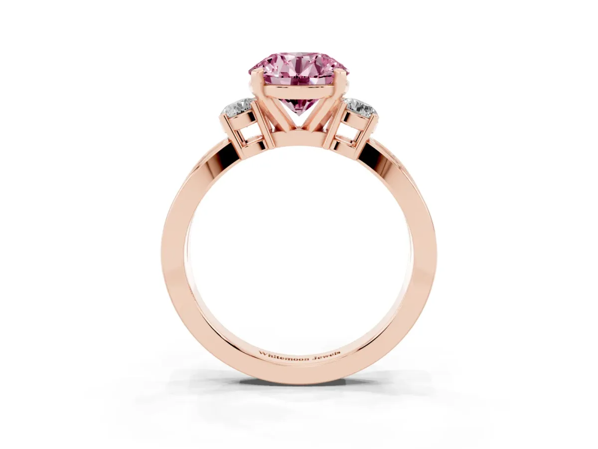 Fancy Pink Three-Stone Round Cut Cut Diamond Twist Band with Prong Setting Rose gold