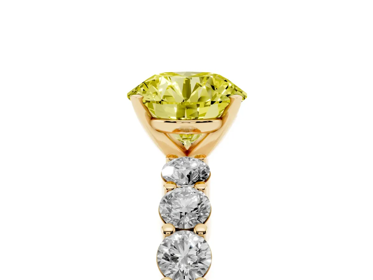 Fancy Yellow Round Cut Diamond Solitaire Ring with Shared Prong Round Side Stones Yellow gold
