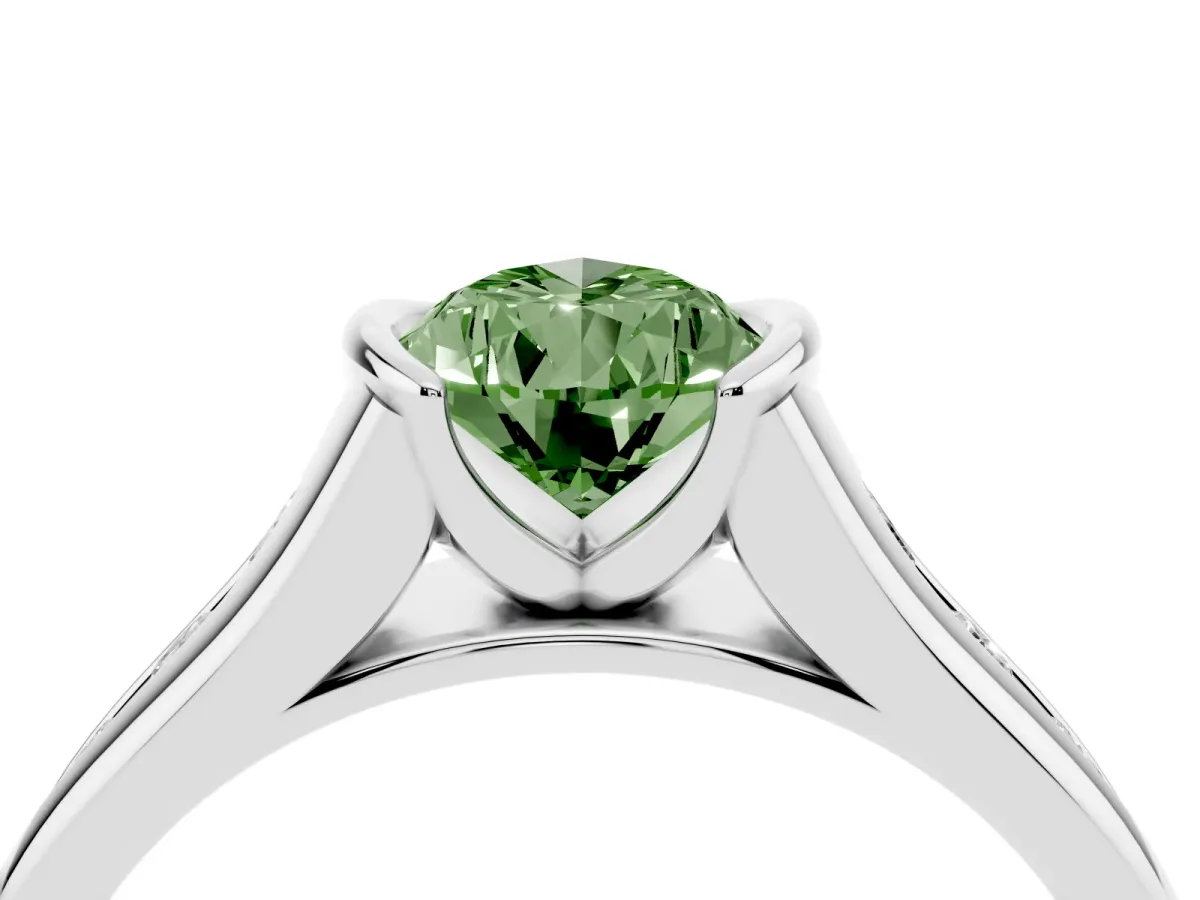 Fancy Green Pear Cut Solitaire Bezel-Set Diamond Ring with Channel-Set Band Silver