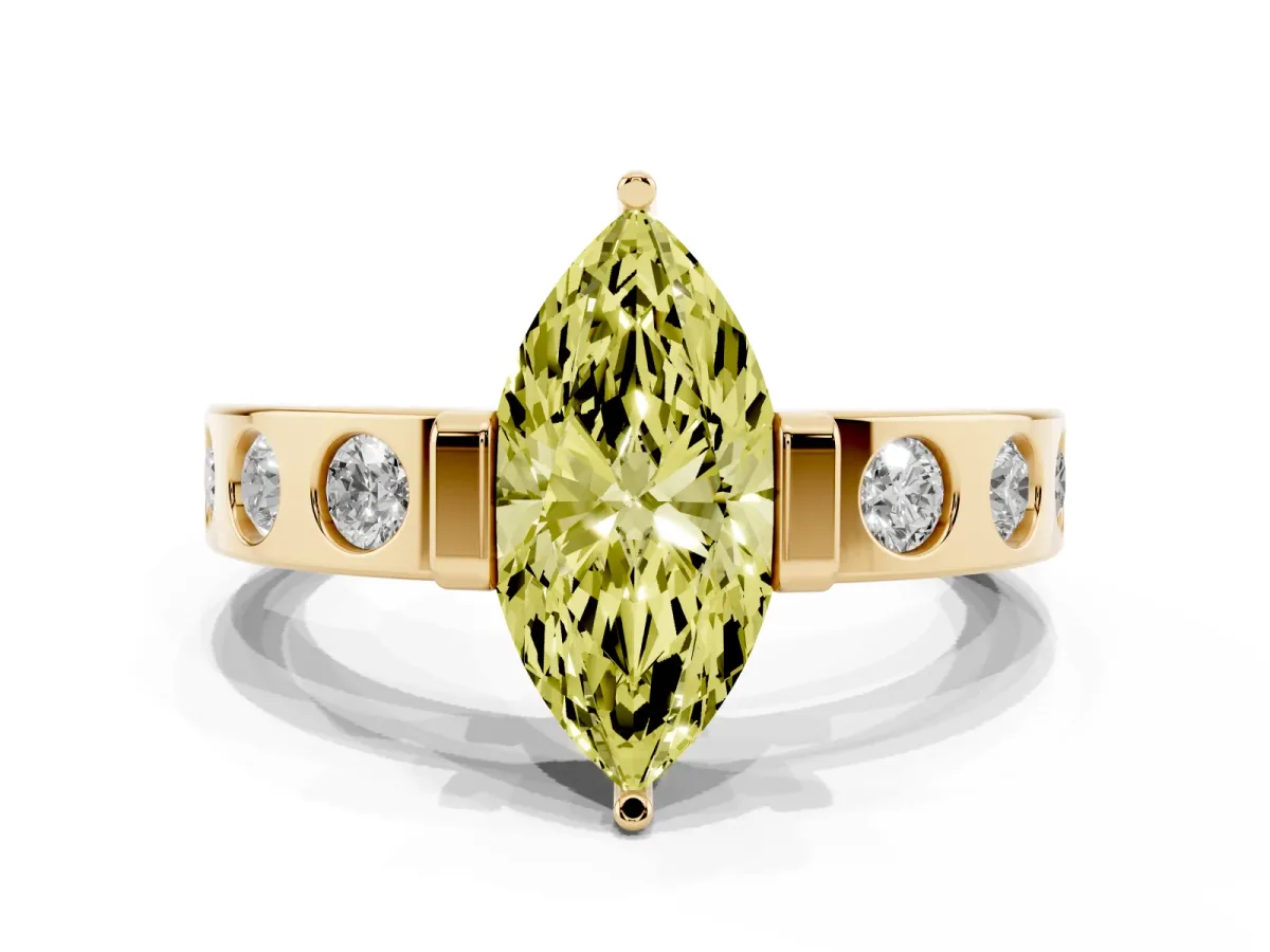 Fancy Yellow Marquise Cut Brilliant Channel-Set Diamond Ring with Bezel Prong Setting Yellow gold