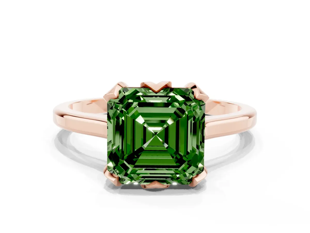 Fancy Green Asscher Cut Diamond Solitaire Ring with Flower Prong Setting and Classic Band Rose gold