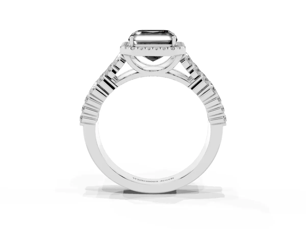 Fancy Black Asscher Cut Diamond Halo Engagement Ring with Triple Row Round Pavé Band and Prong Setting Silver