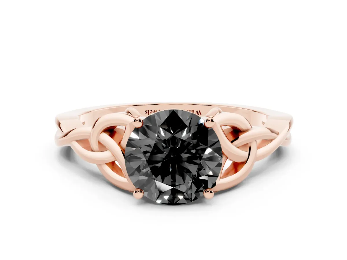 Fancy Black Round Cut Diamond Solitaire Engagement Ring with Celtic Knot Band and Four-Prong Setting Rose gold