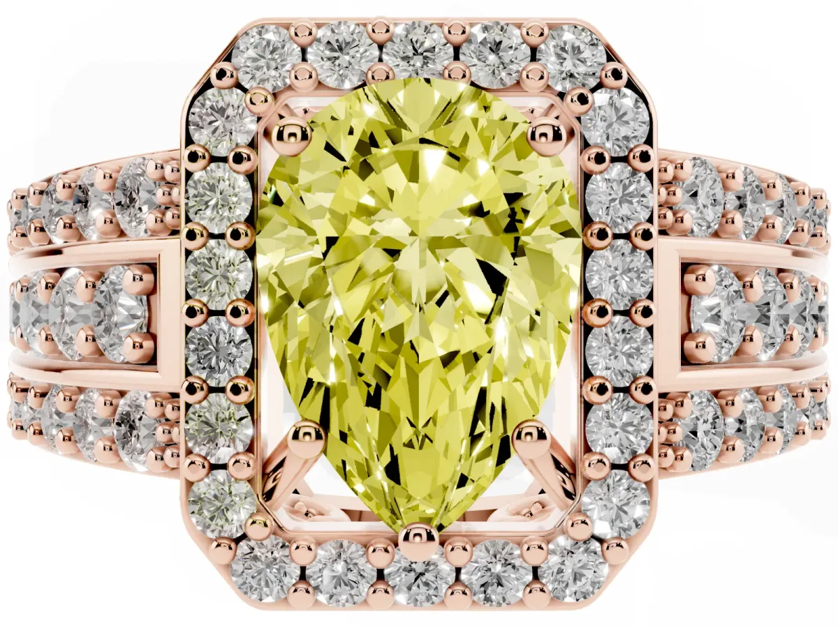 Fancy Yellow Pear Cut Halo Diamond Ring with Round Split Shank and Prong Setting Rose gold