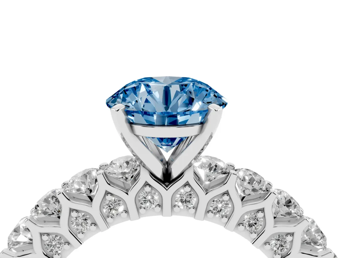 Fancy Blue Round Cut Diamond Solitaire Ring with Shared Prong Pavé Band and Four-Prong Setting Silver