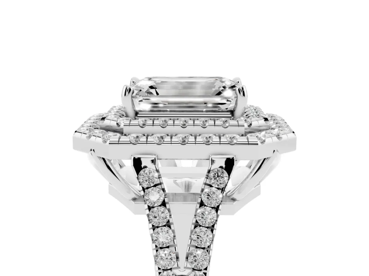 Emerald Cut Diamond Double Halo Ring with Pavé Band and Prong Setting Silver