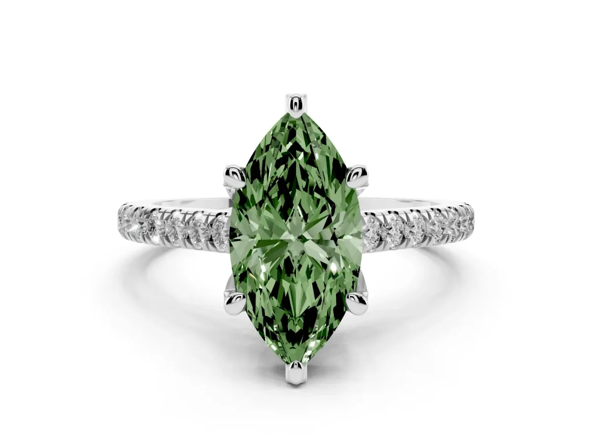 Fancy Green Marquise Cut Brilliant Diamond Solitaire with Pavé Band and Four-Prong Setting Silver