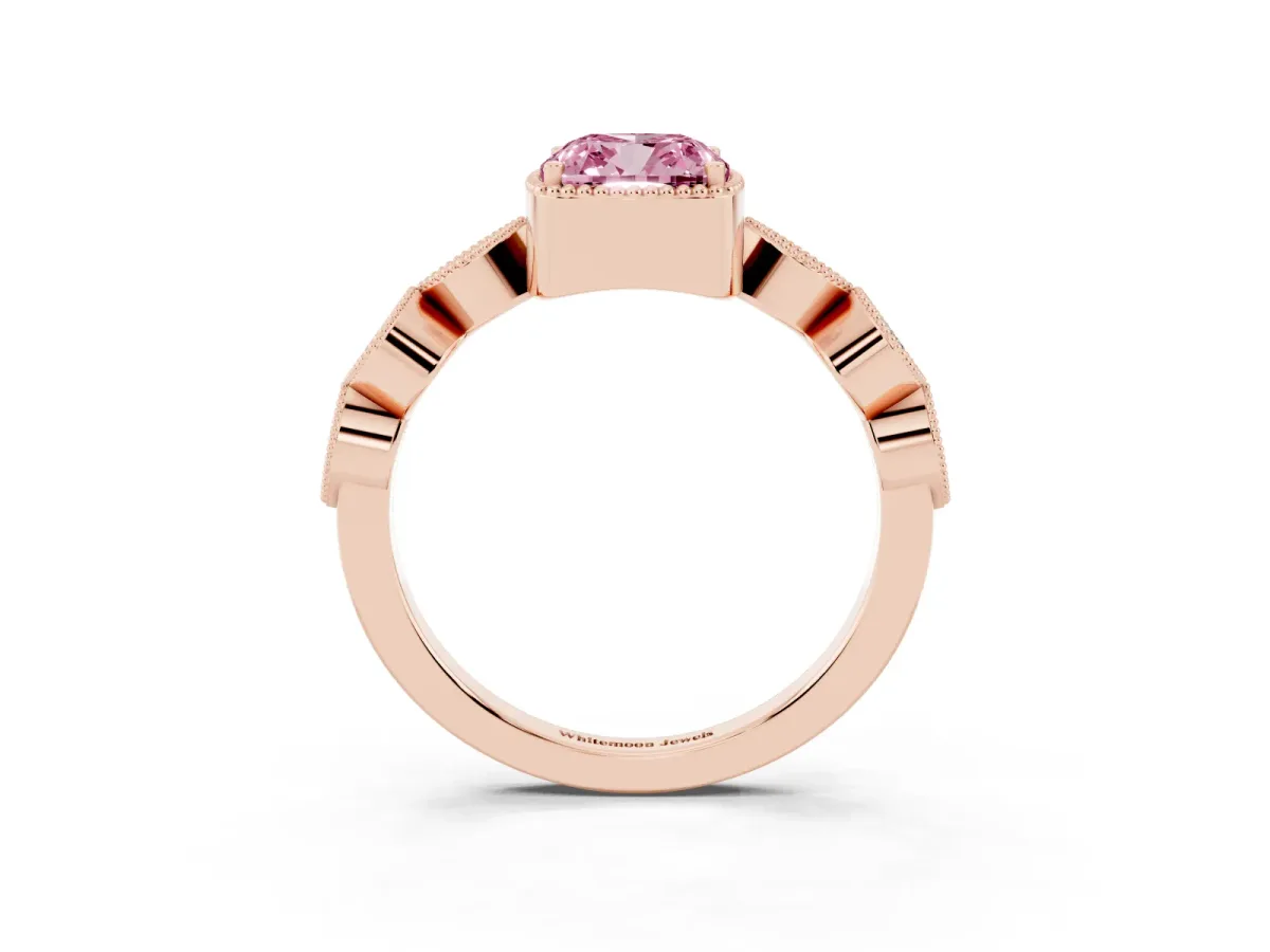 Fancy Pink Cushion Cut Diamond Vintage Milgrain Ring with Round Stations Rose gold
