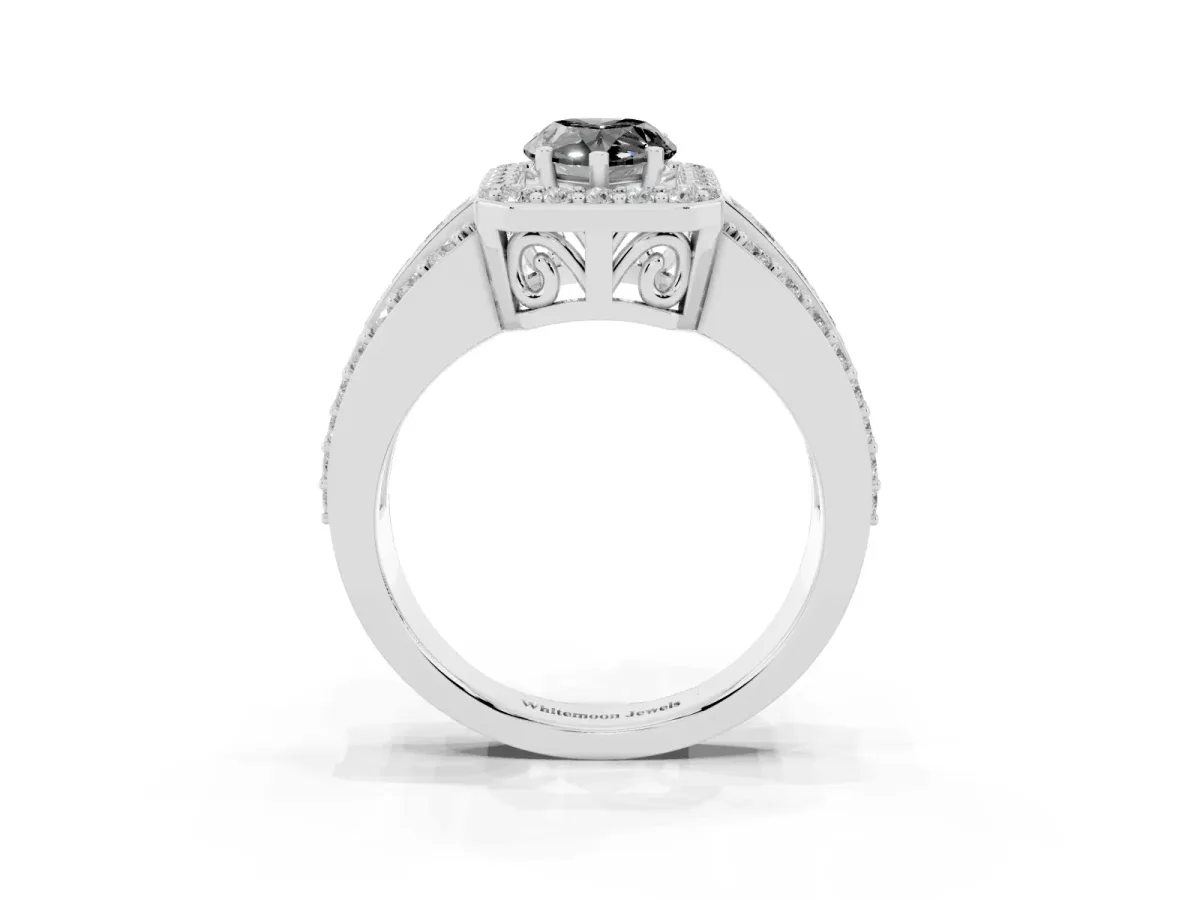 Fancy Black Pear Cut Halo Diamond Ring with Round Split Shank and Prong Setting Platinum