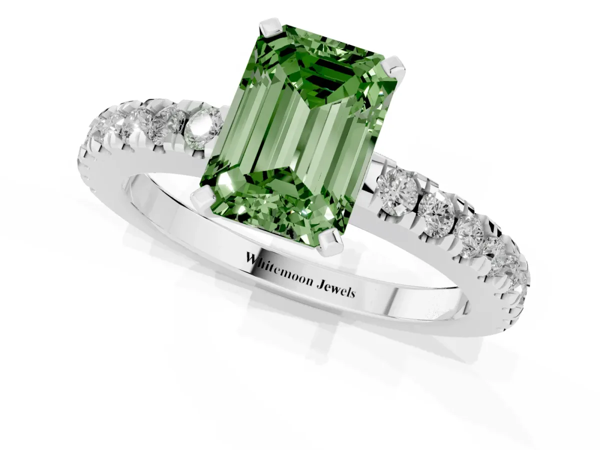 Fancy Green Emerald Cut Solitaire Diamond with Pavé Band and Four-Prong Setting Silver