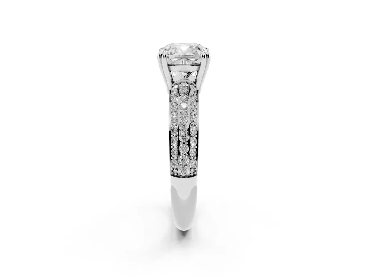 Cushion Cut Diamond Solitaire Ring with Multi-Row Round Pavé Band and Prong Setting Silver
