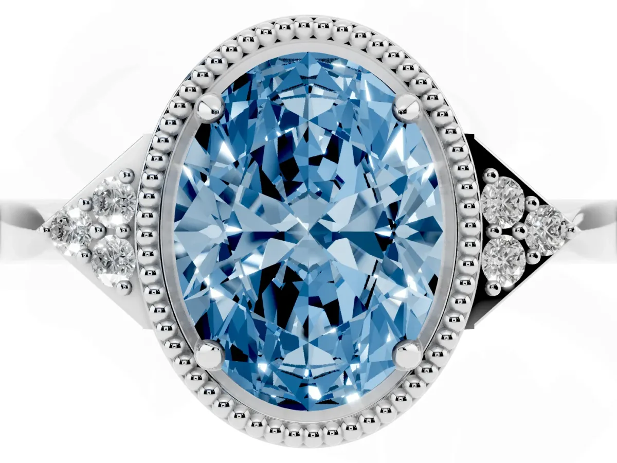 Fancy Blue Hexagonal Halo Oval Cut Diamond Solitaire with Pavé Band and Four-Prong Setting Silver