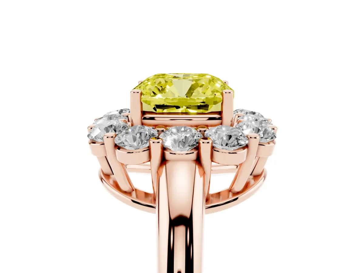 Fancy Yellow Cushion Cut Halo Cluster Diamond Engagement Ring with Prong Setting and Polished Band Rose gold