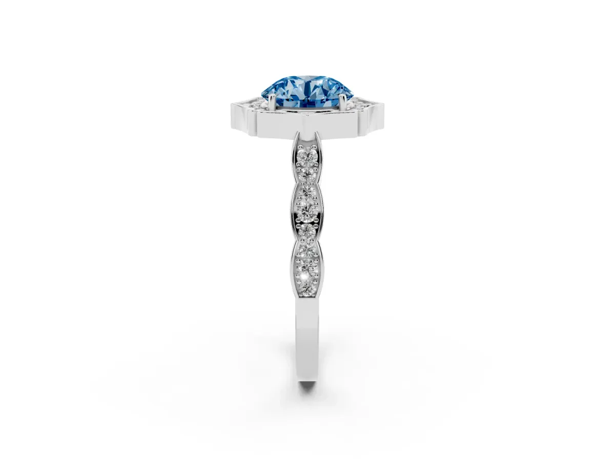 Fancy Blue Round Cut Halo Diamond Engagement Ring with Milgrain Band and Four-Prong Setting Silver