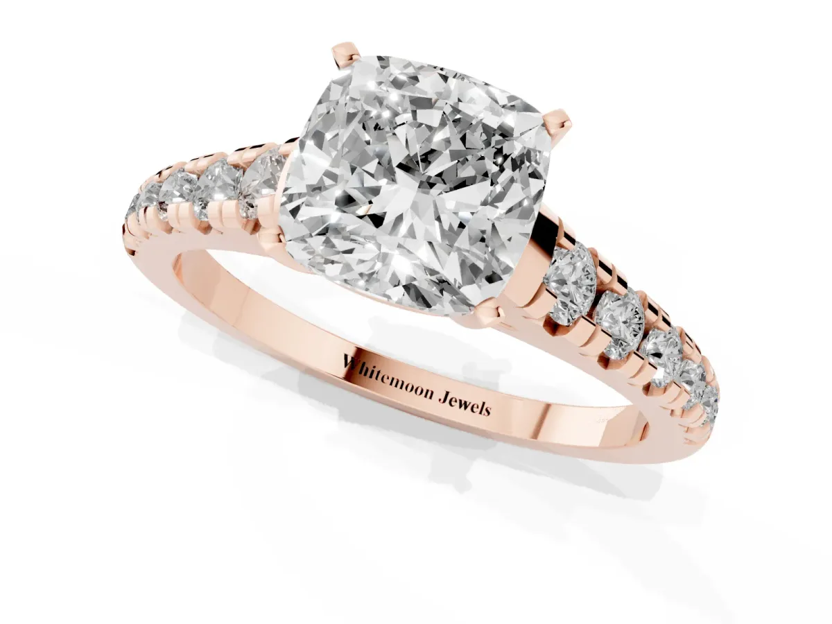 Cushion Cut Diamond Cathedral Solitaire Ring with Round Pavé Band Rose gold