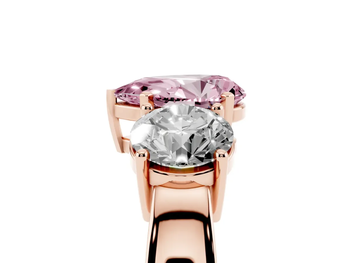 Fancy Pink Three-Stone Pear Cut Diamond Ring with Round Side Stones, Classic Band, and Four-Prong Setting Rose gold
