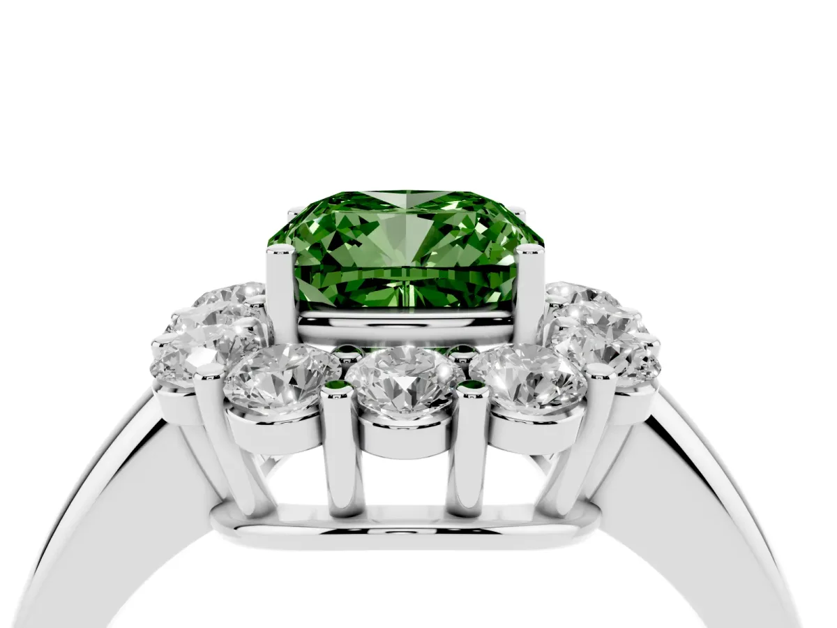 Fancy Green Cushion Cut Halo Cluster Diamond Engagement Ring with Prong Setting and Polished Band Silver