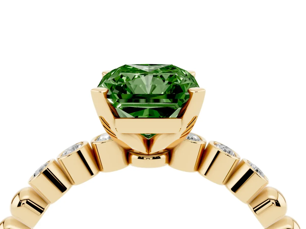 Fancy Green Radiant Cut Solitaire Bezel Accent Diamond Engagement Ring with Beaded Band and Four-Prong Setting Yellow gold
