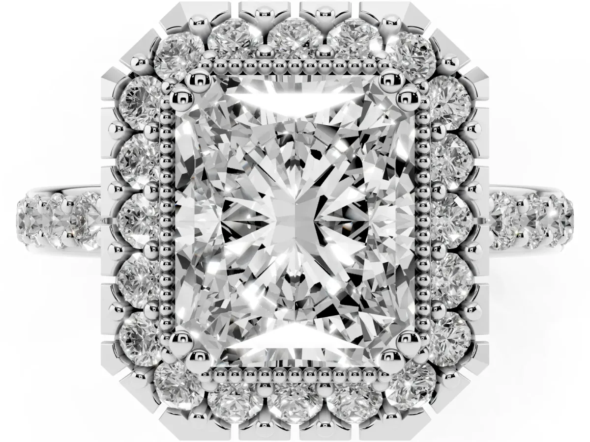 Radiant Cut Diamond Halo Ring with Pavé Band and Prong Setting Platinum