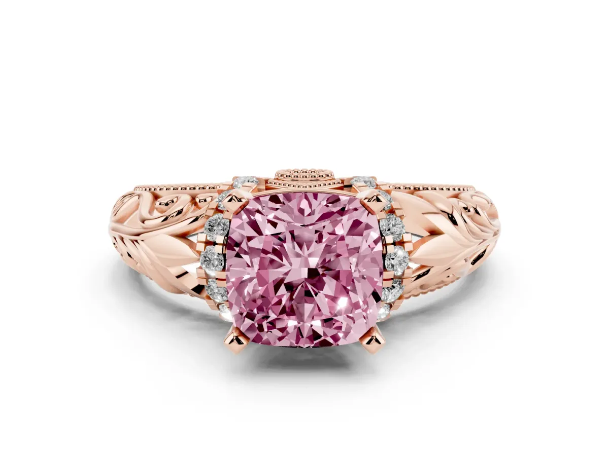 Fancy Pink Cushion Cut Solitaire Filigree Engagement Ring with Halo and Prong Setting Rose gold