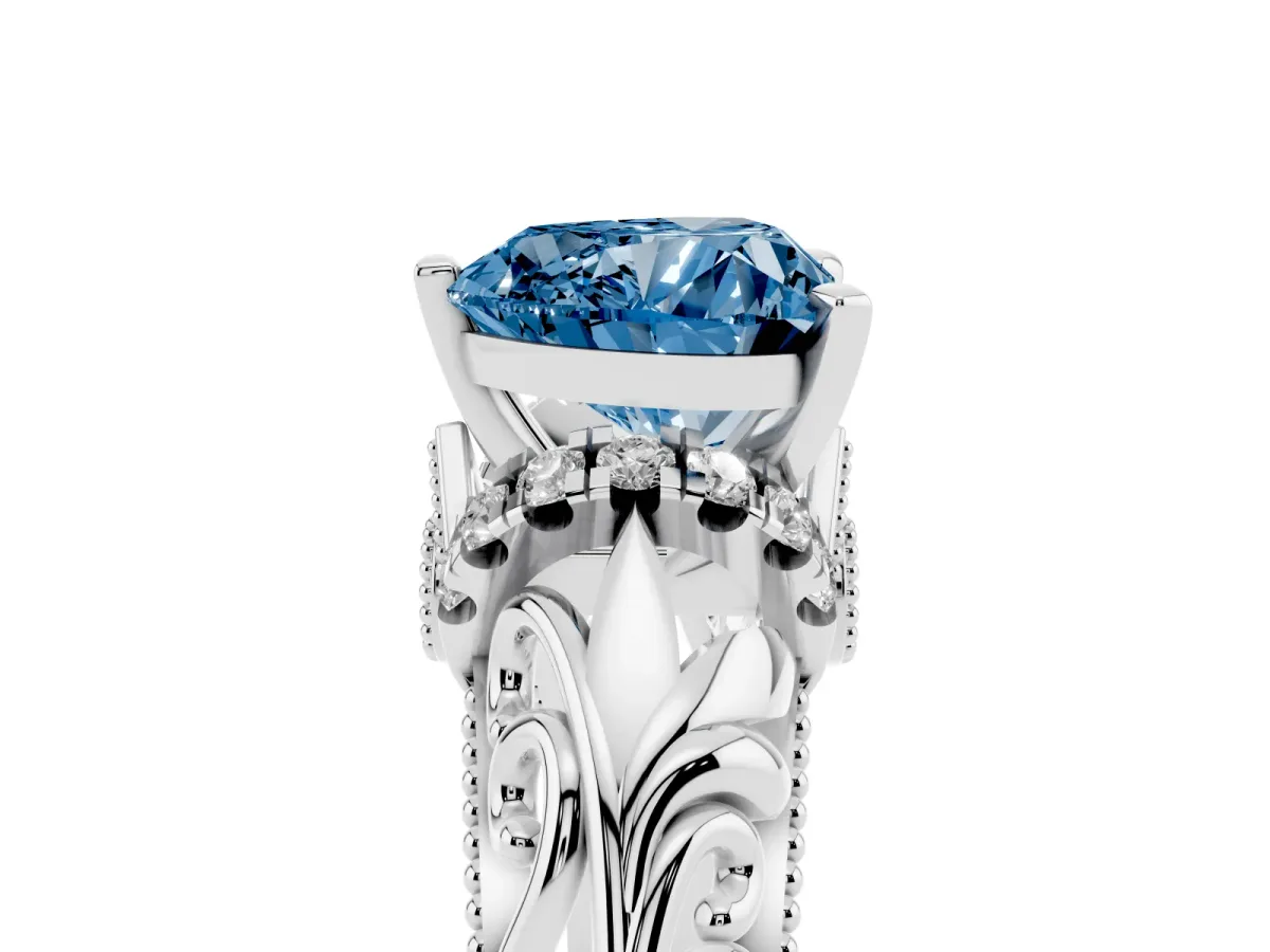 Fancy Blue Heart Cut Solitaire Filigree Engagement Ring with Halo and Prong Setting White gold