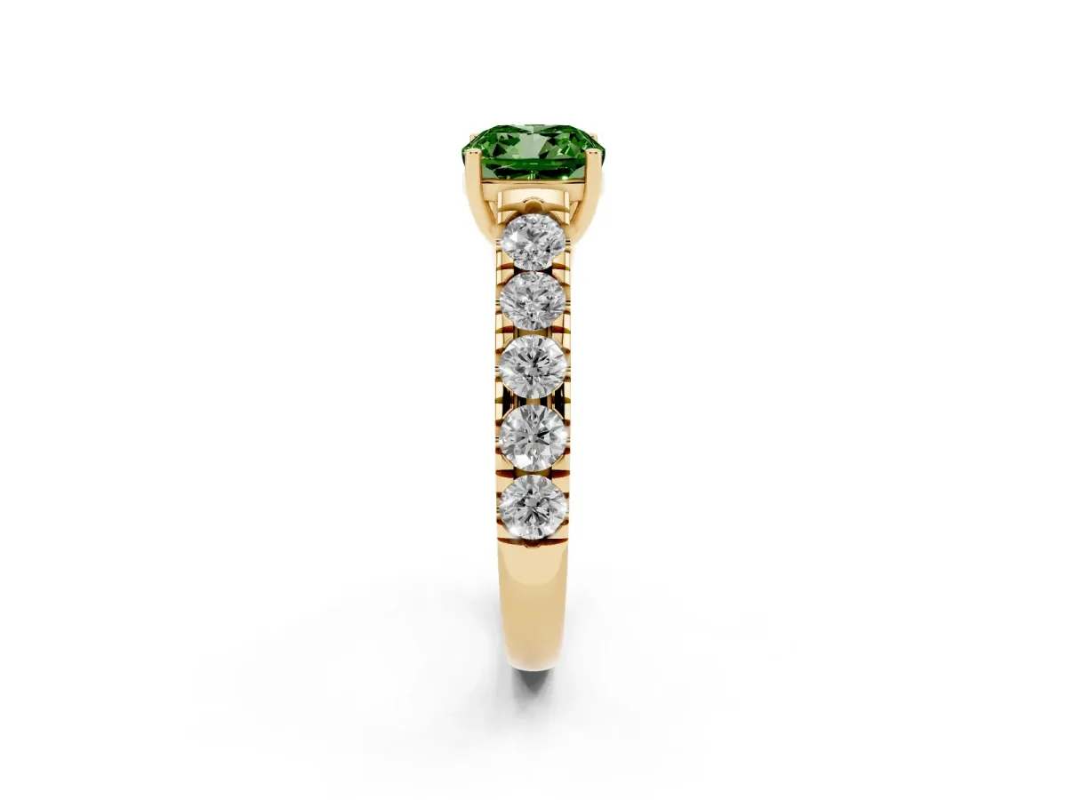 Fancy Green Cushion Cut Cut Diamond Solitaire Ring with Micro Pave Band and Prong Setting Yellow gold