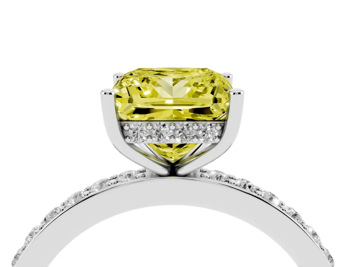 Fancy Yellow Princess Cut Cut Diamond Pavé Band Ring with Four-Prong Setting Silver