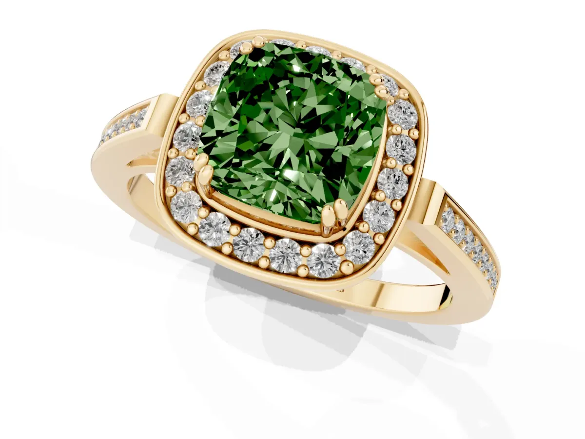 Fancy Green Cushion Cut Diamond Halo Ring with Split Shank and Four-Prong Setting Yellow gold