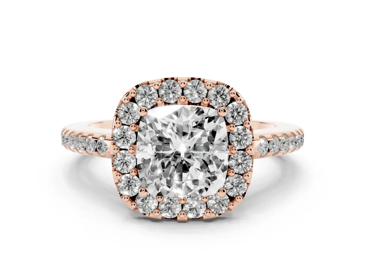 Cushion Cut Diamond Pavé Halo Ring with Four-Prong Setting Rose gold