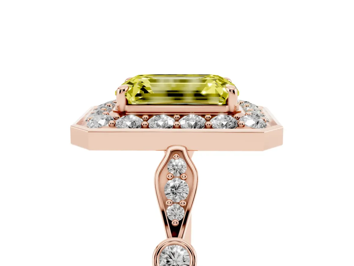 Fancy Yellow Emerald Cut Halo Diamond Engagement Ring with Twisted Band and Four-Prong Setting Rose gold