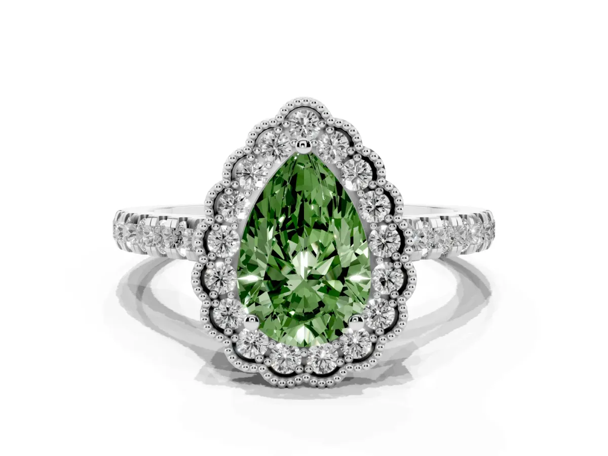Fancy Green Pear Cut Cut Diamond Milgrain Floral Halo Engagement Ring with Pavé Band Platinum