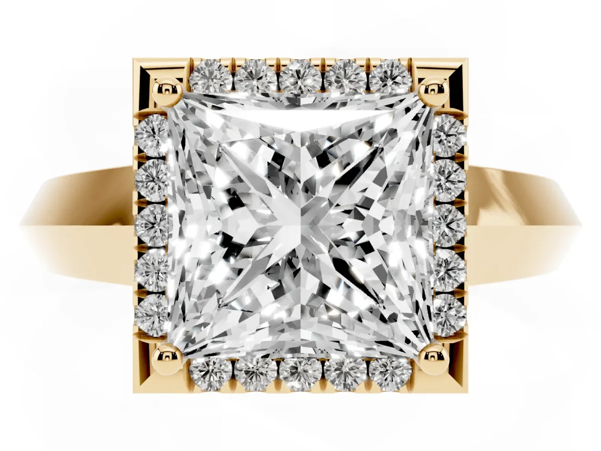 Princess Cut Halo Diamond Ring with Cathedral Band and Four-Prong Setting Yellow gold