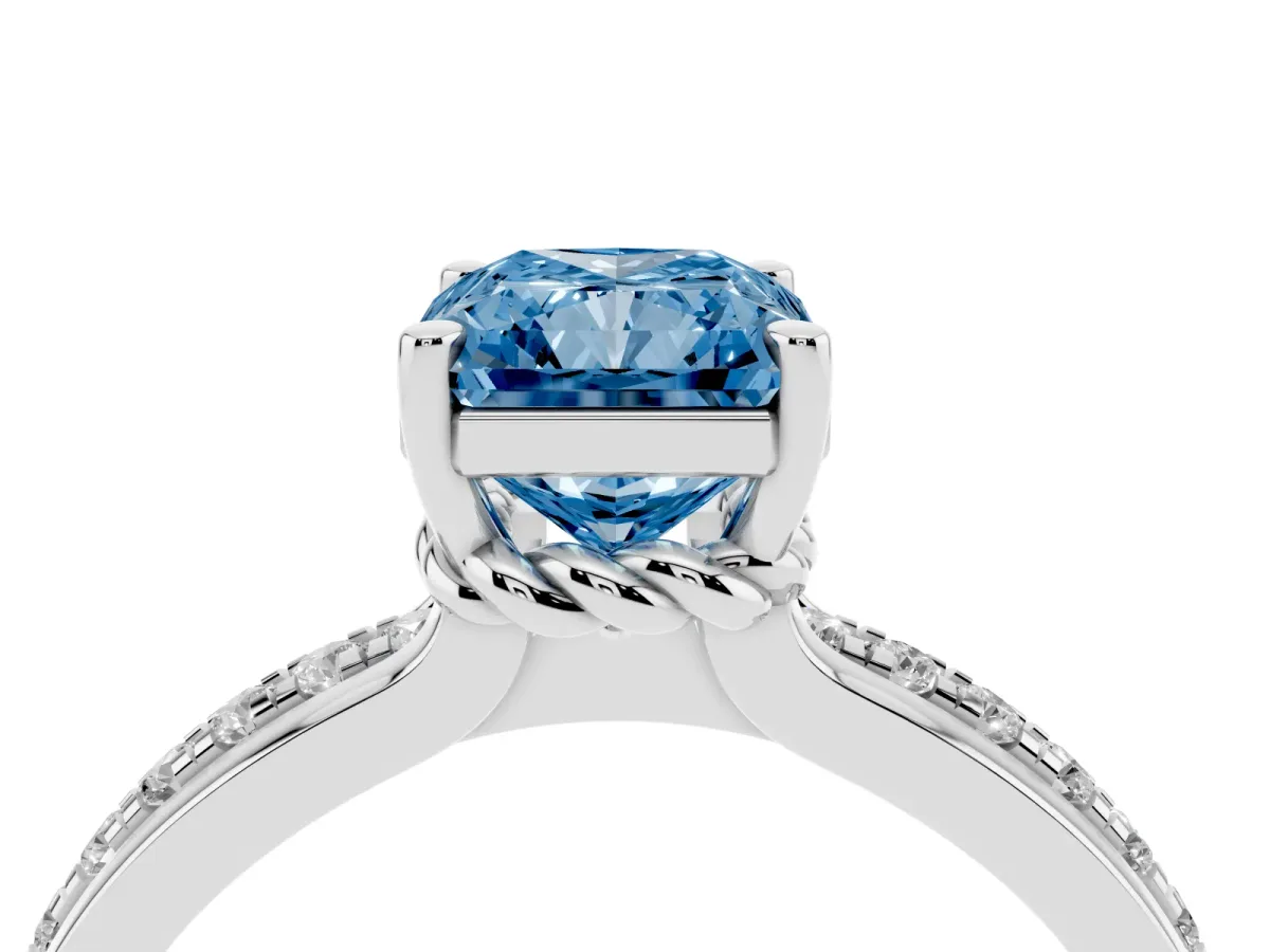 Fancy Blue Radiant Cut Solitaire Diamond Ring with Channel Set Band and Six-Prong Setting White gold
